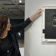 Sonos Principal Product Manager Sara Morris shows the acoustic design of the Symfonisk picture frame speaker.
